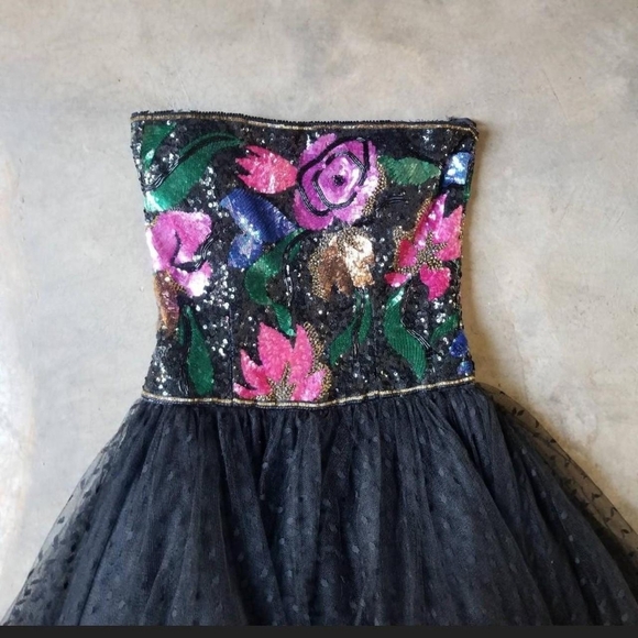 Vintage 80s Party Ball Gown Sequins Tulle - Picture 5 of 8